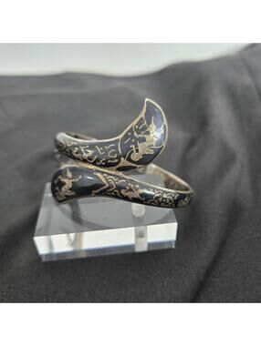 Vintage Siam Sterling Silver Niello Dancer Hinged Bangle Bracelet Thailand